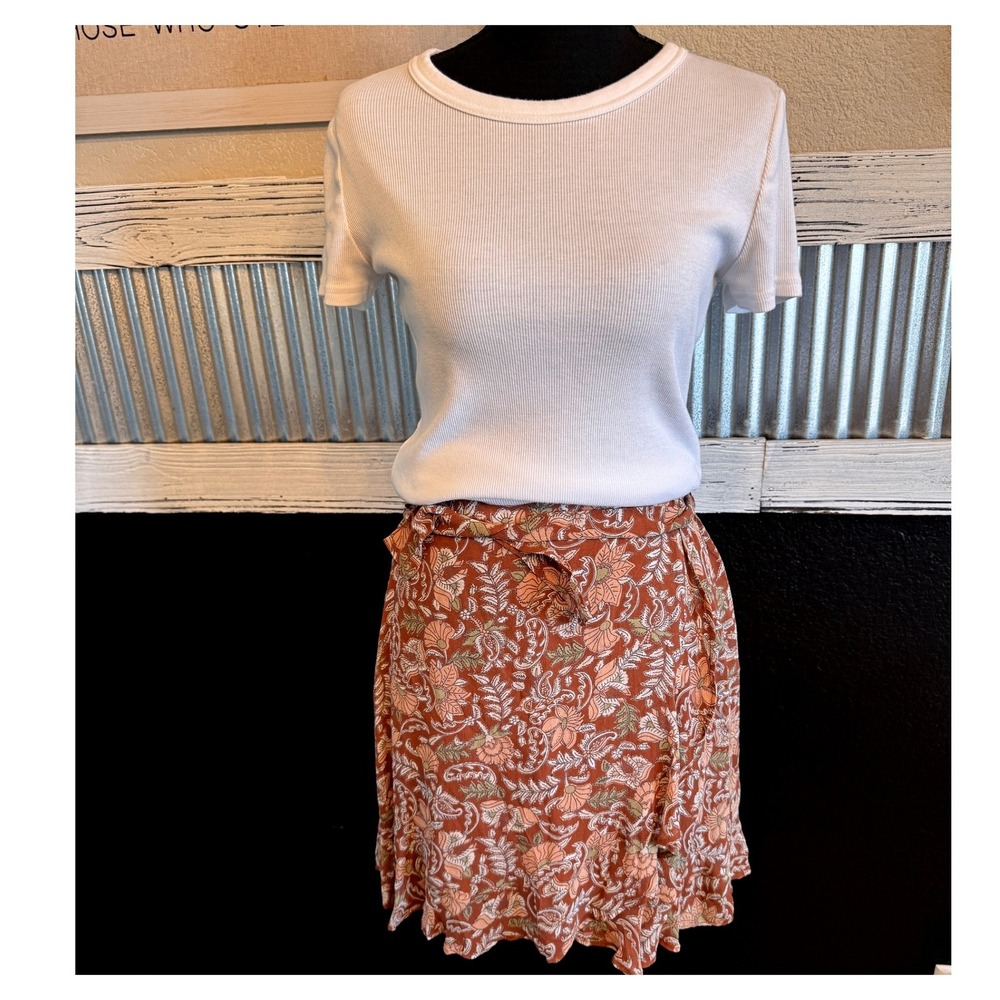 Anthropologie Floral Wrap Skirt XSP Rust Boho Ruffle Midi Peasant Cottagecore